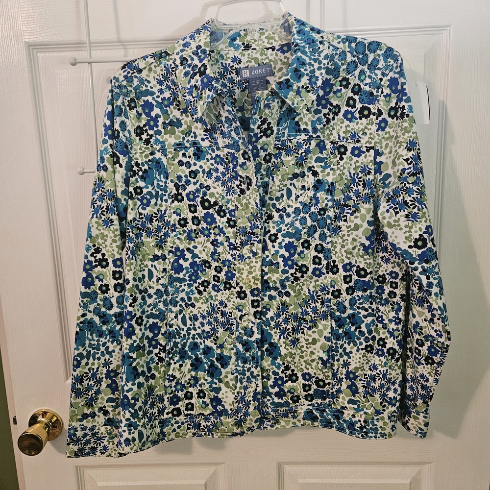 Koret Womens Blue Green Floral Sequin Button Front Jacket M11ST48111 Size Medium